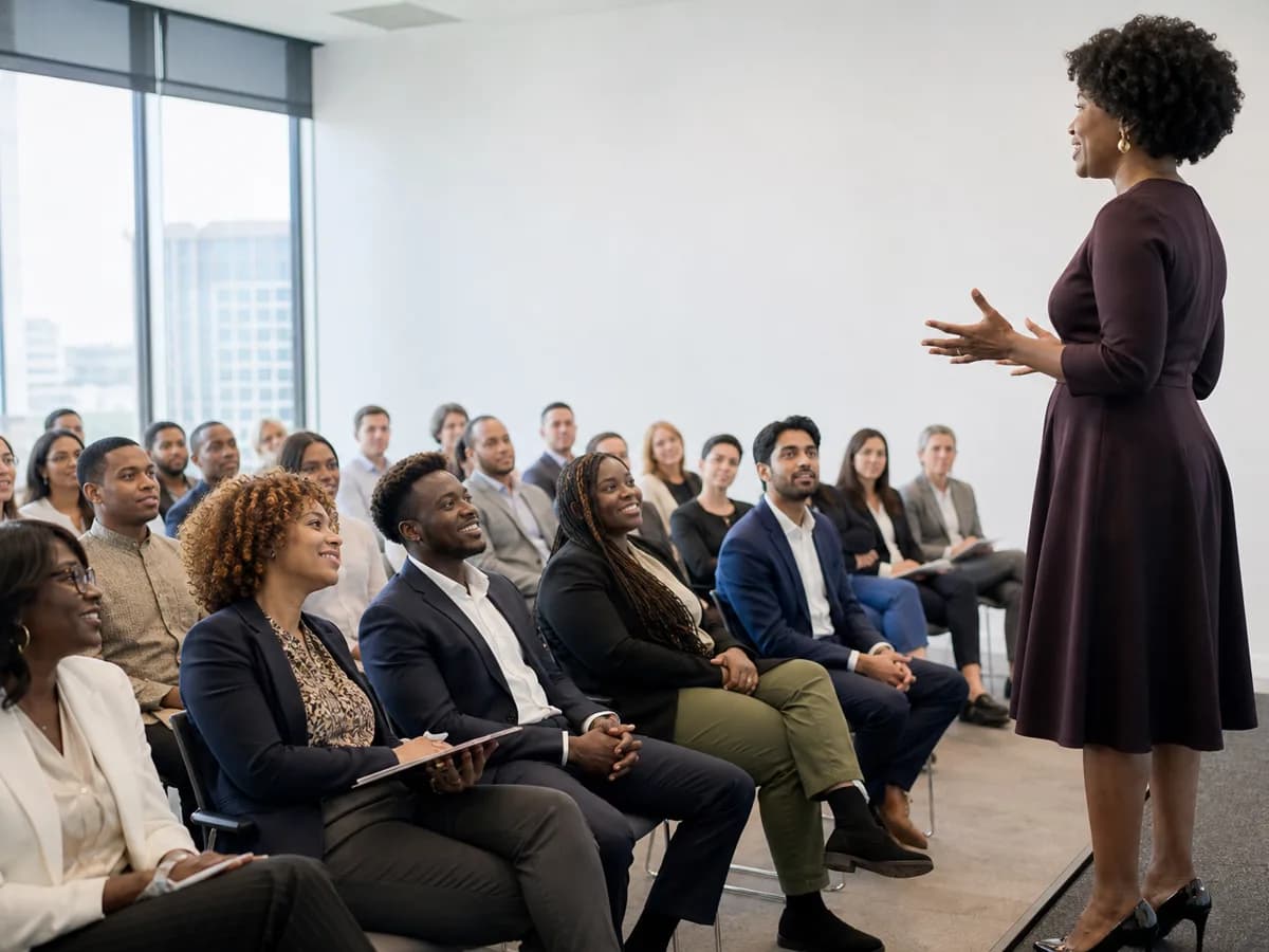 A speaker addressing a seated audience in a bright modern conference room with floor-to-ceiling windows