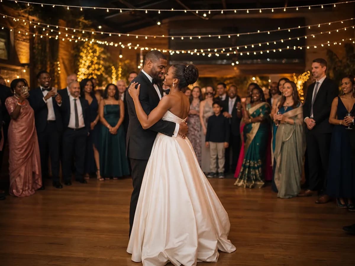 A couple sharing their first dance at an evening wedding reception, guests watching beneath strings of warm lights