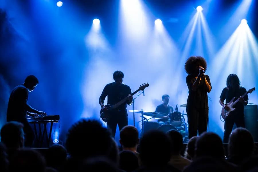 A band silhouetted on stage against bright concert lighting and haze