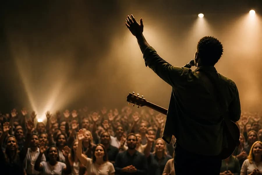 A worship leader on stage with one arm raised, facing a congregation with hands lifted